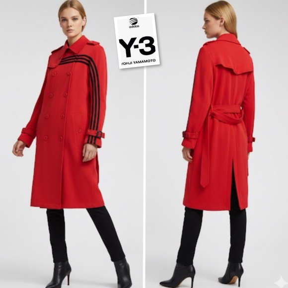 🔥 RARE! Y-3 Adidas x Yohji Yamamoto Hot Red 3-Stripe Sweatshirt Trench Coat Sz S - Picture 2 of 12